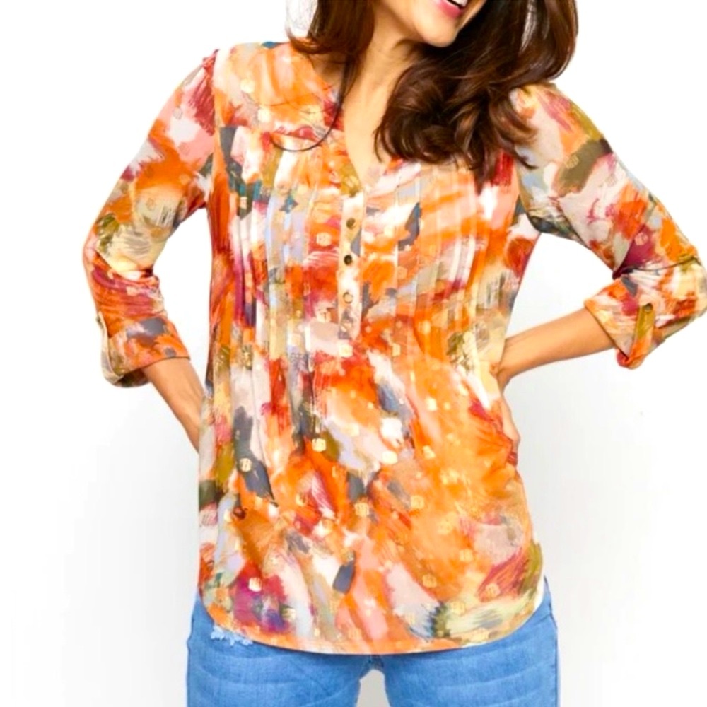 Roz & Ali Women’s Taupe 3/4 Roll Tab Sleeve Mesh Popover Blouse